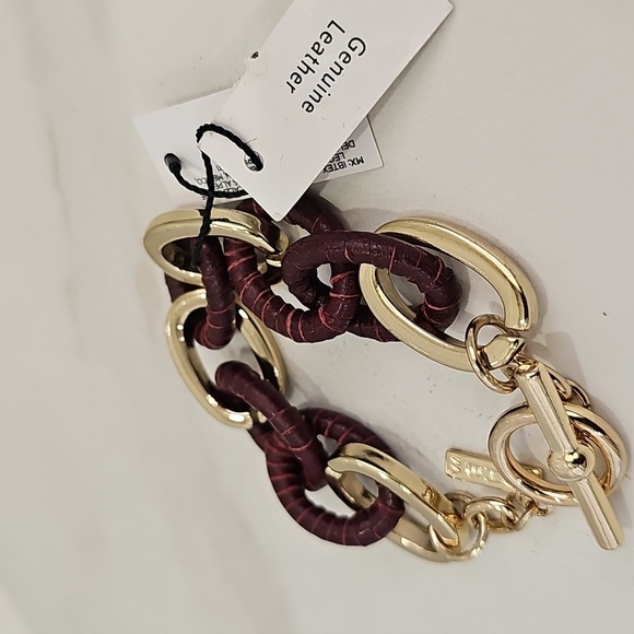 WHBM Genuine Leather Wrapped & Faux Gold Chain Link Bracelet Western Rustic - Picture 8 of 8